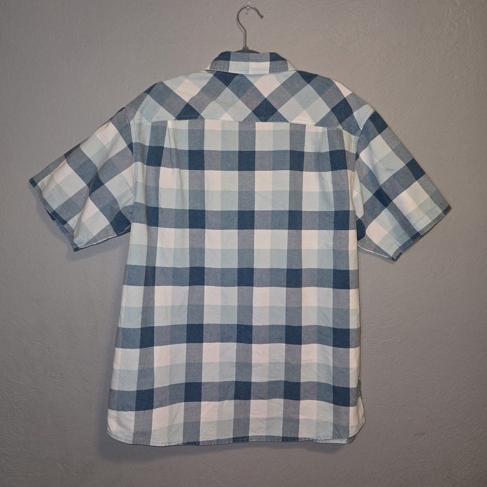 Red Head Blue Plaid Button Up Short Sleeve Shirt Outdoor Casual Spring Mens Sz L - Picture 2 of 10
